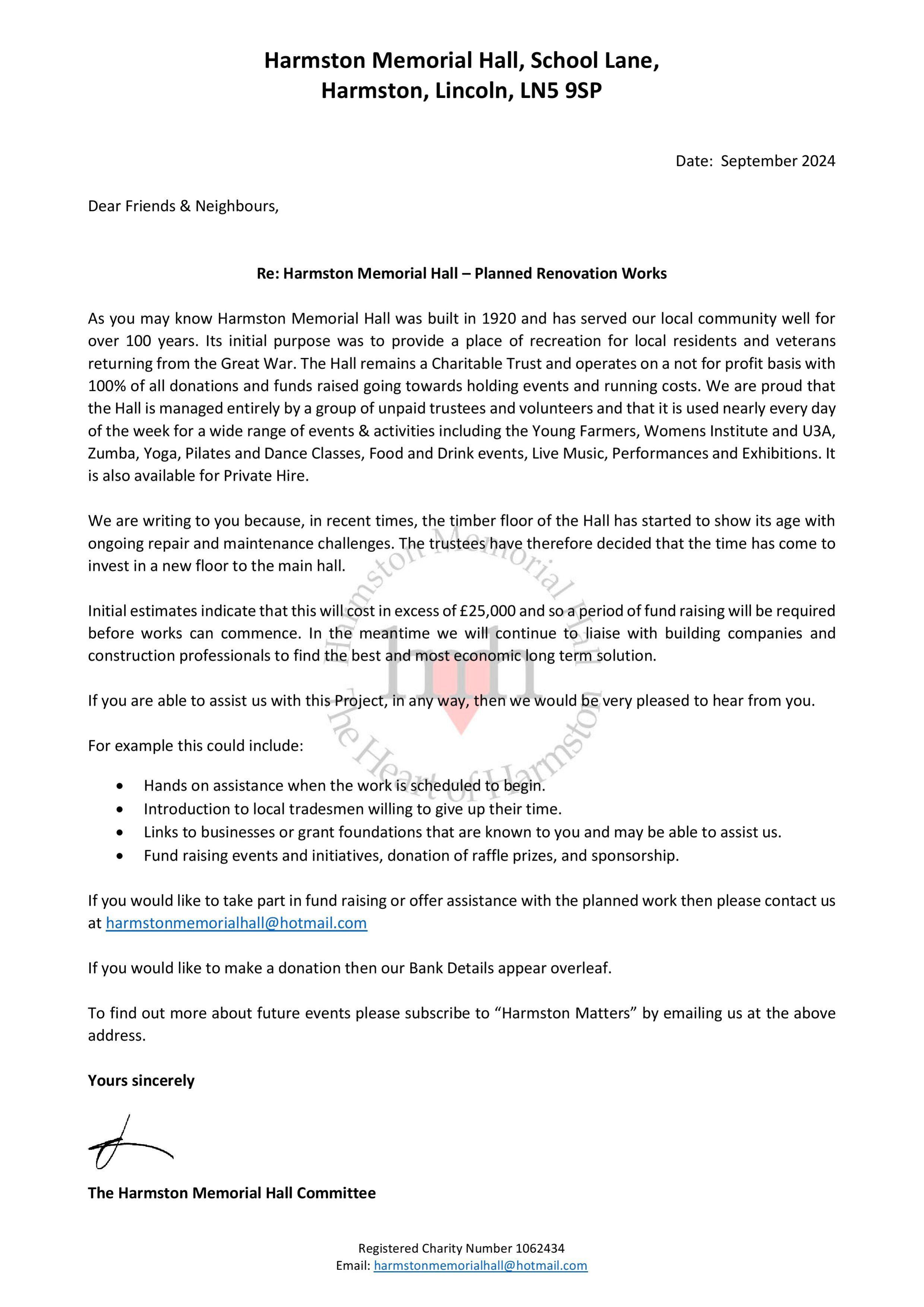 HMH letter to friends and neighbours sept 2024