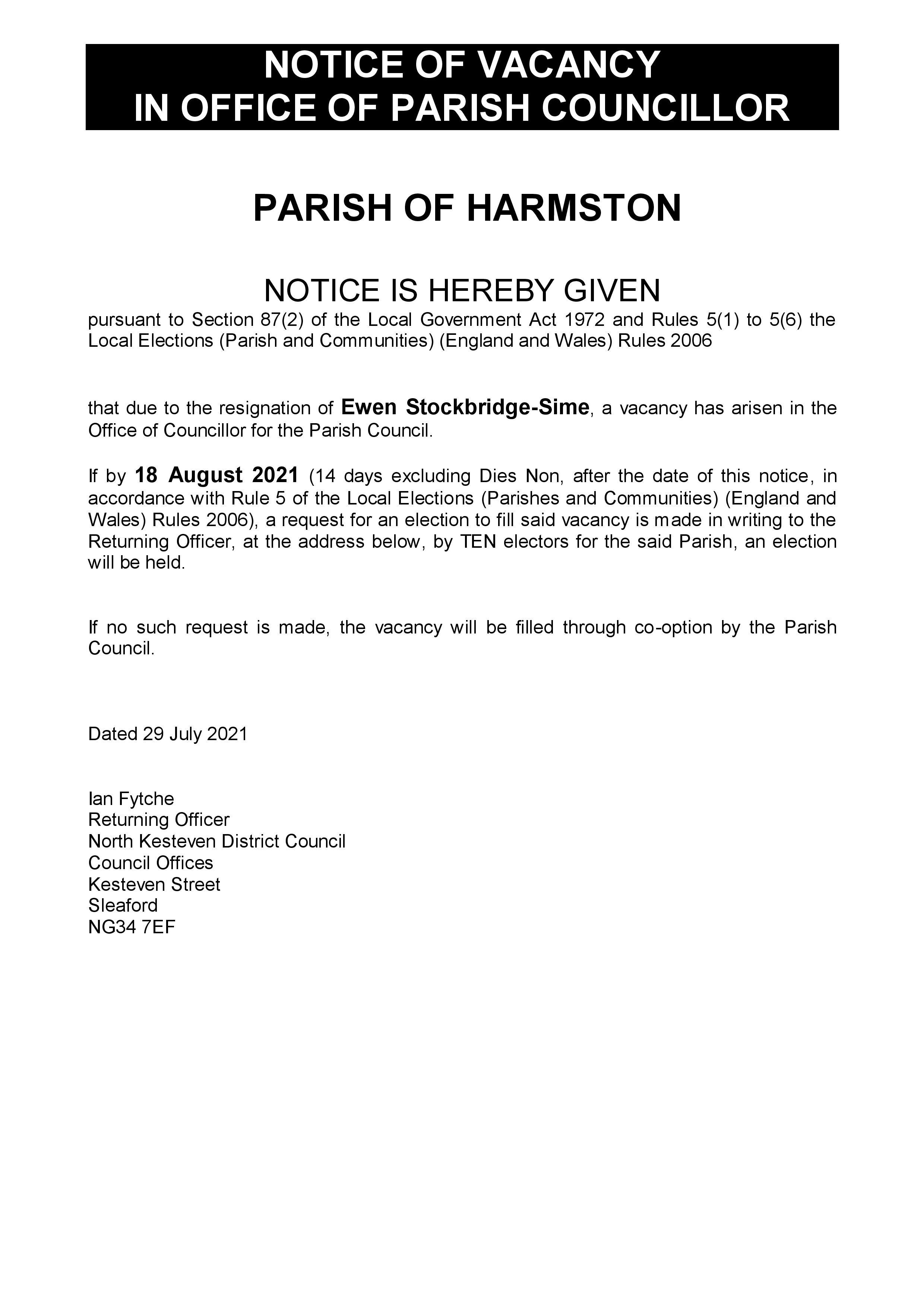 Notice of vacancy for Harmston Parish Council