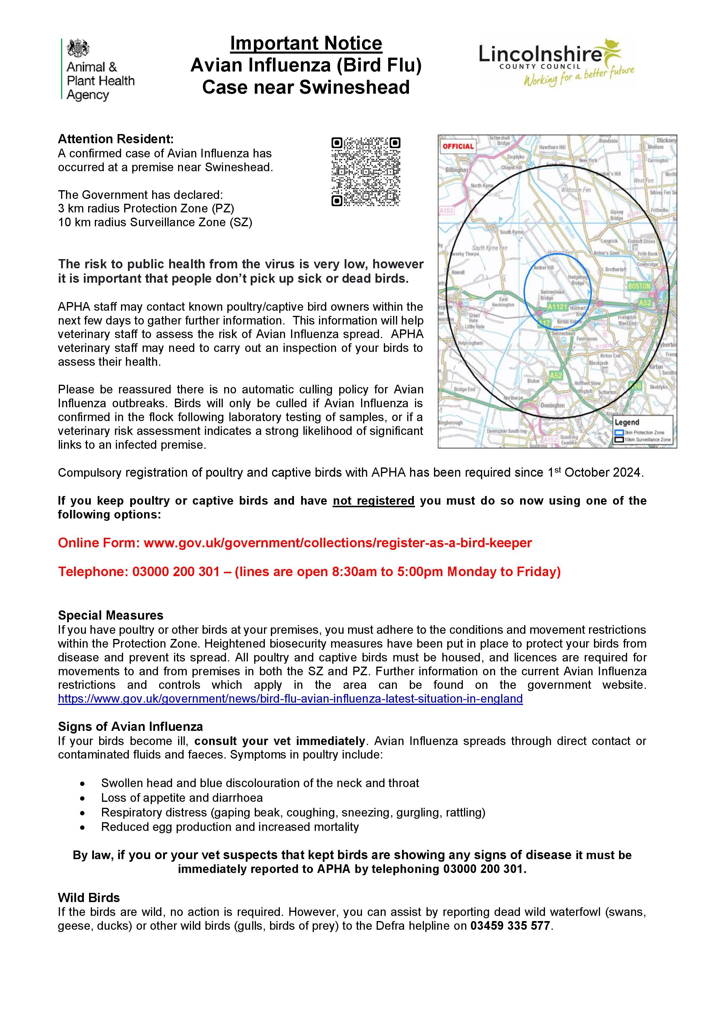 Swineshead avian influenza protection zone poster