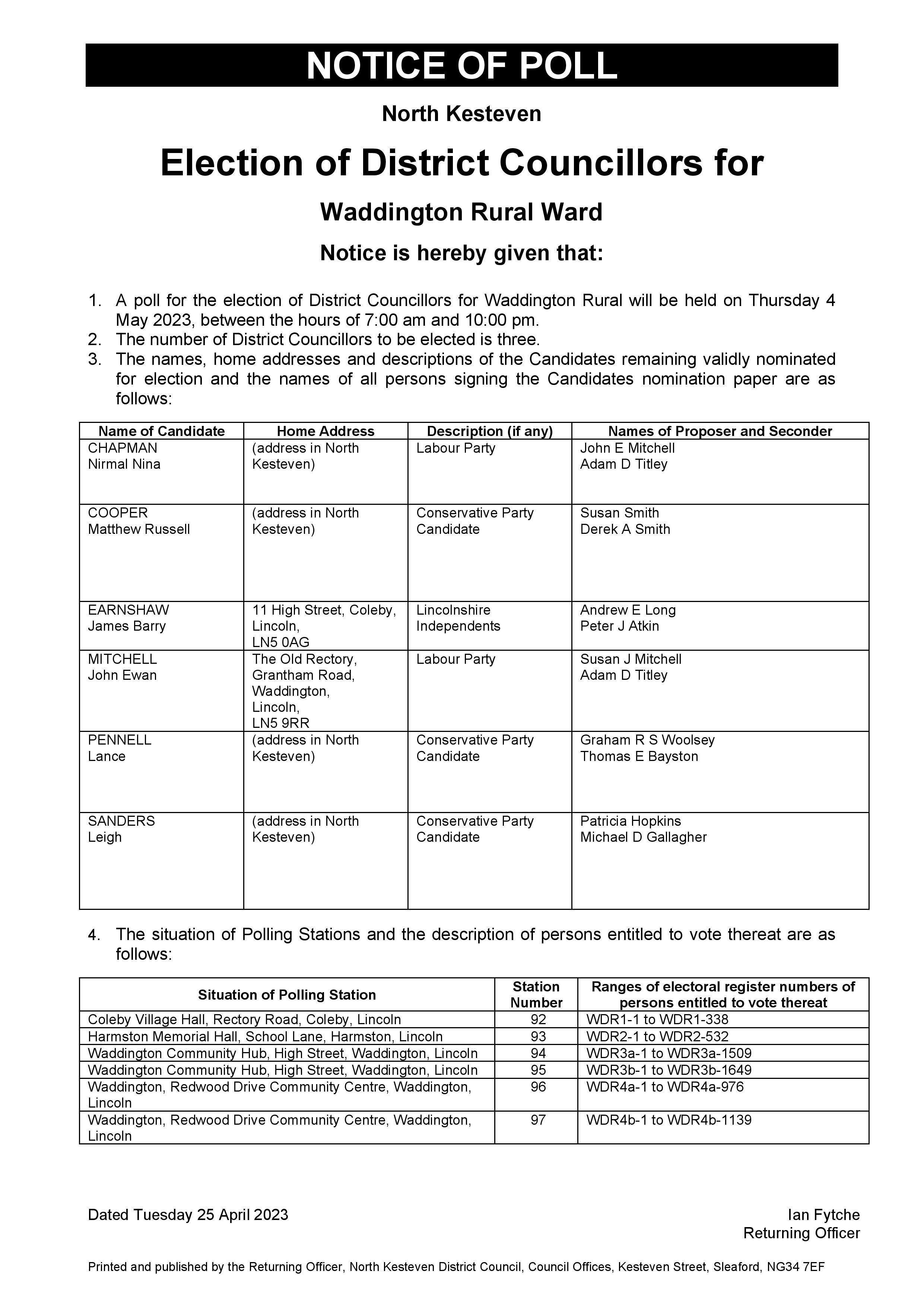 Waddington Rural notice of poll