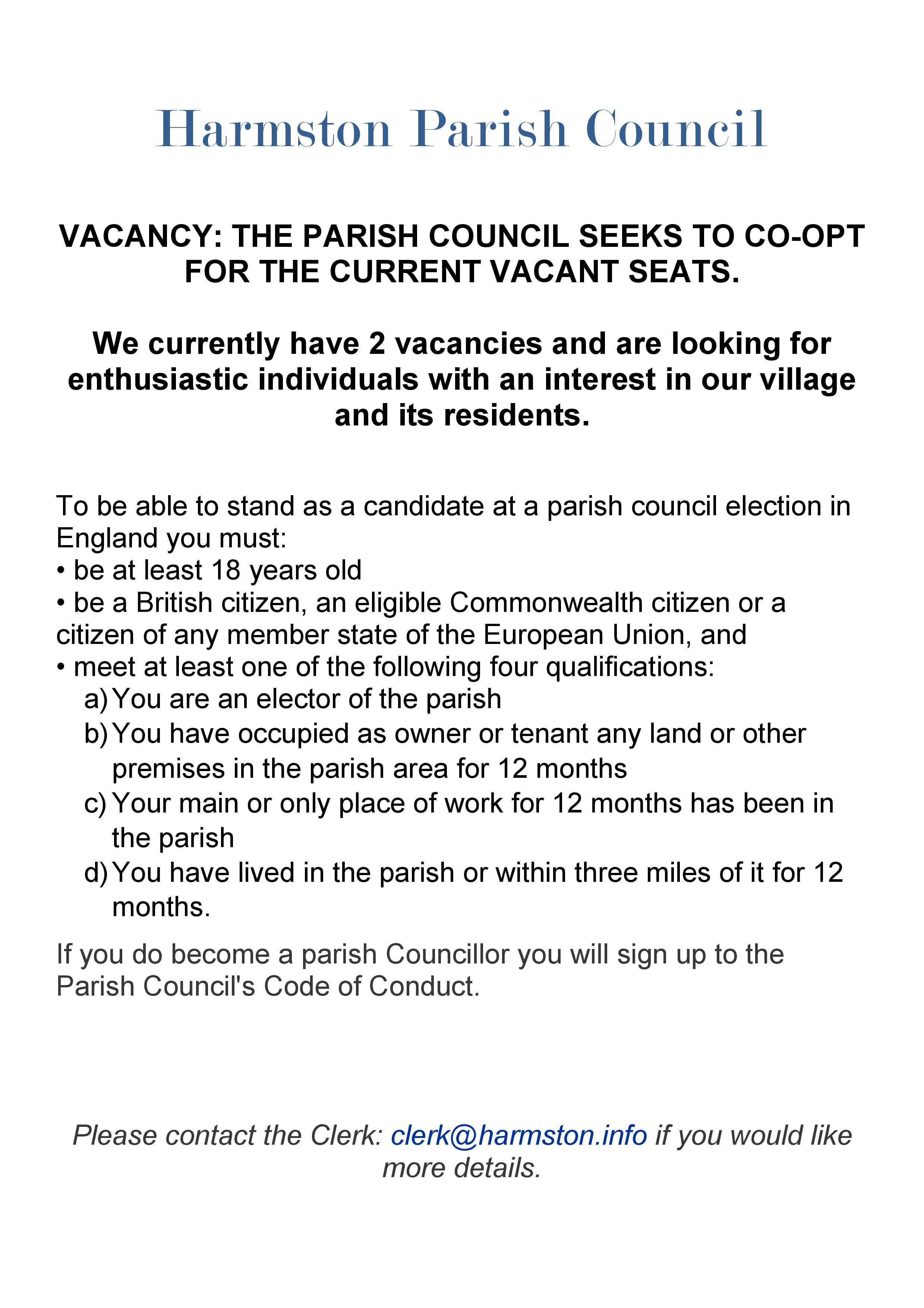 Advert for the 2 vacancies on Harmston Parish Council